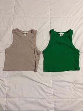 2pc Ribbed Crop Tank Tops - Green and Taupe